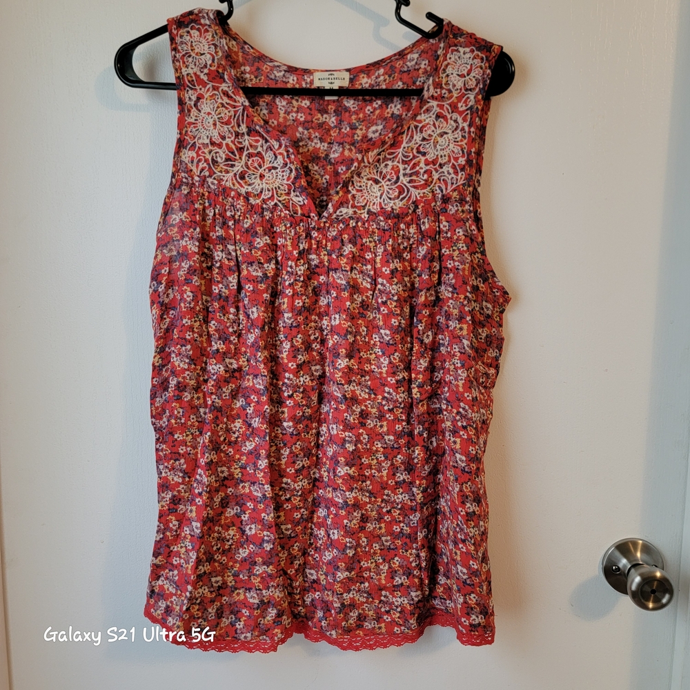 Red Floral Lace-Trim Blouse